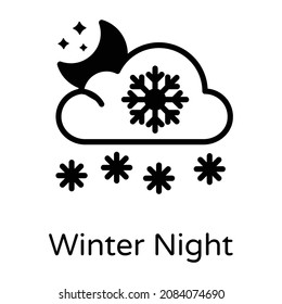 Nube con luna y nieve que denota un ícono de glifo de noche de invierno 