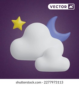 cloud moon star 3D vector icon set, on a purple background