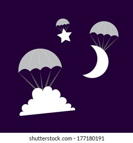 Cloud Moon and Star symbols parachuting from the sky 