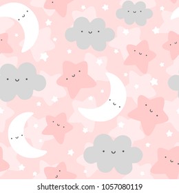 Cloud, Moon and Stars Cute Seamless Pattern, Cartoon Vector Illustration, Pink Background