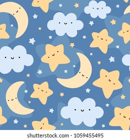 Cloud, Moon and Stars Cute Seamless Pattern, Cartoon Vector Illustration Night Sky Background