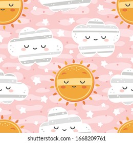 Cloud, Moon and Stars Cute Seamless Pattern, Cartoon Vector Illustration, Cartoon Background