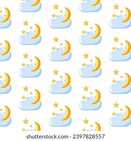 Cloud with moon and stars seamless pattern. Cartoon style. Design for children bedroom, bed linen, packaging. Vector illustration on a white background.