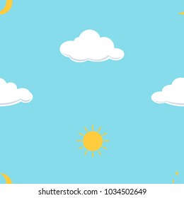 Cloud, moon and sun on blue background, seamless vector