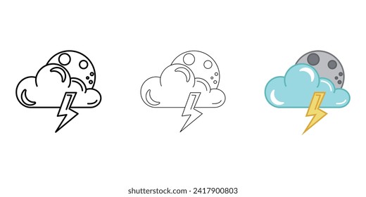 Nube con la imagen vectorial del icono del clima de la luna y la tormenta eléctrica sobre fondo blanco. Tres iconos de contorno grueso, delgado y coloreado. Se puede utilizar para aplicaciones móviles, aplicaciones web y medios de impresión