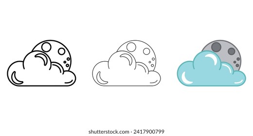 Cloud with moon Weather Icon vector image on white background. Three icons thick, thin, colored outline. Can be used for mobile apps, web apps and print media