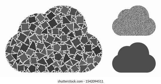 Cloud mosaic of abrupt pieces in various sizes and color tinges, based on cloud icon. Vector abrupt pieces are composed into collage. Cloud icons collage with dotted pattern.
