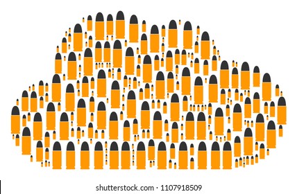 Cloud mosaic created of ammo bullet components in various sizes. Abstract vector fog representaion. Ammo bullet icons are united into cloud shape.