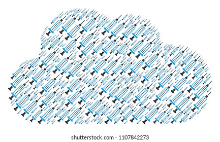 Cloud mosaic made of syringe icons in variable sizes. Abstract vector air illustration. Syringe icons are arranged into cloud shape.