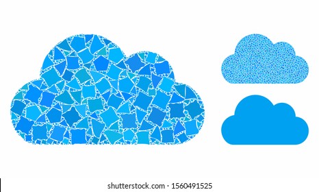 Cloud mosaic of tremulant elements in different sizes and shades, based on cloud icon. Vector uneven elements are united into collage. Cloud icons collage with dotted pattern.