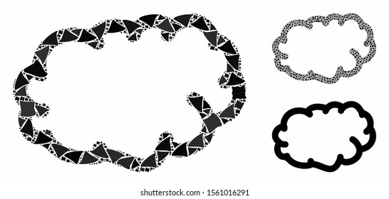 Cloud mosaic of tremulant pieces in various sizes and color tinges, based on cloud icon. Vector bumpy pieces are united into mosaic. Cloud icons collage with dotted pattern.