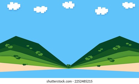 Nube, montaña, playa, mar y fondo azul del cielo. Fondo de fondo de fondo de fondo de fondo de carteles de diseño de textura vectorial.