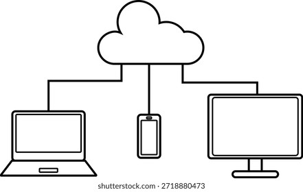 Iconos de línea digital de TI de integración en la nube y multidispositivo