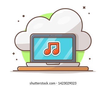 Cloud Music Icon with Laptop and Note of Music Vector Illustration. Workspace Sound Cloud. Flat Cartoon Style Suitable for Web Landing Page,  Banner, Flyer, Sticker, Wallpaper, Card, Background