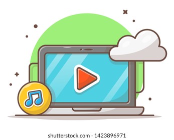 Cloud Music Icon with Laptop and Note of Music Vector Icon Illustration. Workspace Sound Cloud. Flat Cartoon Style Suitable for Web Landing Page,  Banner, Flyer, Sticker, Wallpaper, Card, Background