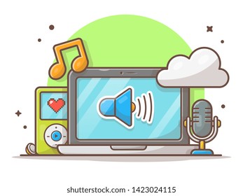 Cloud Music with Laptop, Microphone, Music Player and Note of Music Vector Illustration. Flat Cartoon Style Suitable for Web Landing Page,  Banner, Flyer, Sticker, Wallpaper, Card, Background