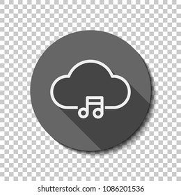 Cloud music library, striming. Simple linear icon with thin outline. White flat icon with long shadow in circle on transparent background. Badge or sticker style