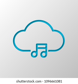 Cloud music library, striming. Simple linear icon with thin outline. Paper design. Cutted symbol with shadow