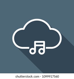 Cloud music library, striming. Simple linear icon with thin outline. White flat icon with long shadow on background