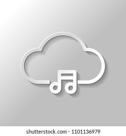 Cloud music library, striming. Simple linear icon with thin outline. Paper style with shadow on gray background
