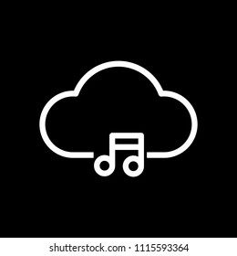 Cloud music library, striming. Simple linear icon with thin outline. White icon on black background. Inversion