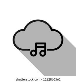 Cloud music library, striming. Simple linear icon with thin outline. Black object with long shadow on white background