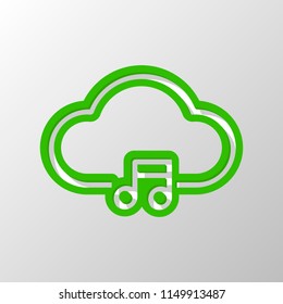 Cloud music library, striming. Simple linear icon with thin outline. Paper style. Cut symbol with green bold contour on shape and simple shadow