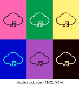 Cloud music library, striming. Simple linear icon with thin outline. Pop art style. Scratched icons on 6 colour backgrounds. 