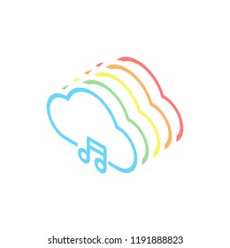 Cloud music library, striming. Simple linear icon with thin outline. Stack of colorful isometric icons on white background