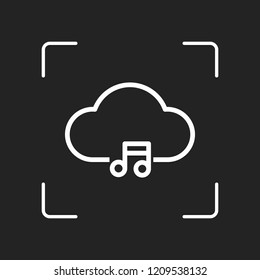 Cloud music library, striming. Simple linear icon with thin outline. White object in camera autofocus on dark background