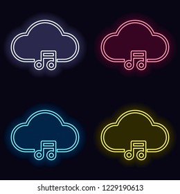 Cloud music library, striming. Simple linear icon with thin outline. Set of neon sign. Casino style on dark background. Seamless pattern