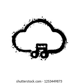 Cloud music library, striming. Simple linear icon with thin outline. Black ink with splashes on white background
