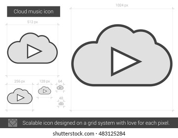 Cloud music vector line icon isolated on white background. Cloud music line icon for infographic, website or app. Scalable icon designed on a grid system.