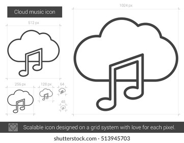 Cloud music vector line icon isolated on white background. Cloud music line icon for infographic, website or app. Scalable icon designed on a grid system.