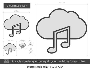 Cloud-Musik, Vektorsymbol einzeln auf weißem Hintergrund. Cloud-Musikline-Symbol für Infografik, Website oder App. Skalierbares Symbol, das auf einem Gittersystem entworfen wurde.