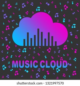 Cloud music vector logo isolated on black background, colored cloud shape symbol with sound equalizer. EPS 10