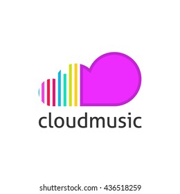 Cloud Music Vector Logo Isolated On White Background, Violet Cloud Shape Symbol With Sound Equalizer Colorful Lines