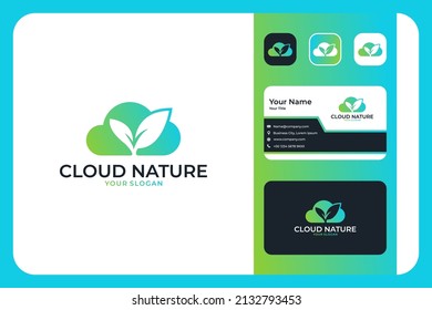 diseño del logotipo de la hoja de la naturaleza en la nube y tarjeta de negocios
