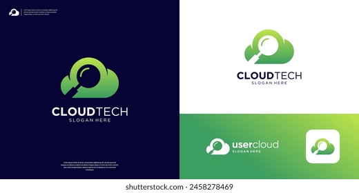nube con el logotipo del espacio negativo de búsqueda de lupa símbolo de diseño de logotipo.