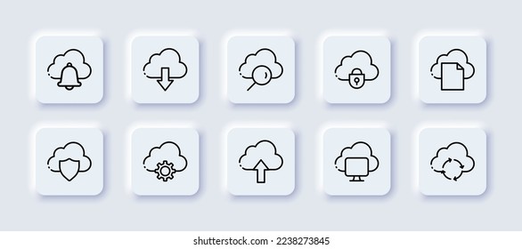 Cloud neomorphic line icon set. Cloud storage, exchange, database, remote access, cloud service, artificial intelligence, security. data warehouse concept. Vector neomorphic black line icon.
