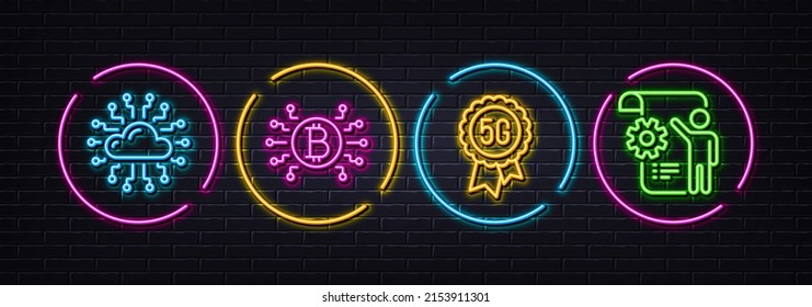 Cloud network, 5g technology and Bitcoin system minimal line icons. Neon laser 3d lights. Settings blueprint icons. For web, application, printing. Vector