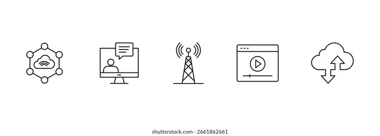 Cloud network communication technology icons set for broadcasting streaming upload download internet connection media data signal online chat vector illustration.