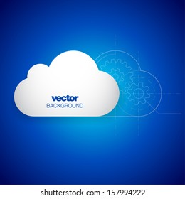 Cloud network computer technology blue print vector illustration. Gears blueprint in the cloud shape with fine lines on bright blue background.