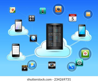 Cloud network concept with database and mobile communication technologies realistic vector illustration