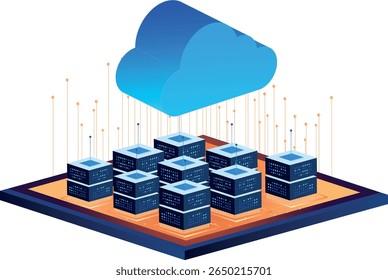 Concepto de red en la nube. Nube brillante futurista con la superficie de la placa de circuito. Transferencia digital de información en línea, intercambio, conexión global, base de datos. Isométrico