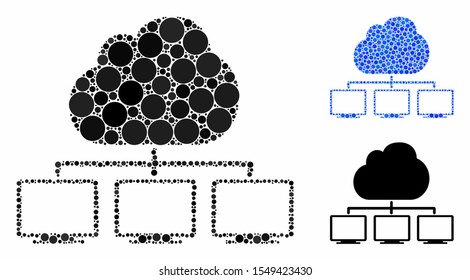 Cloud network hierarchy mosaic of filled circles in various sizes and color tinges, based on cloud network hierarchy icon. Vector filled circles are grouped into blue collage.