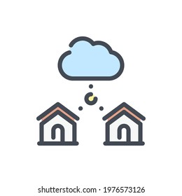 Cloud network and hosting with connection to houses color line icon. Online connection from home to remote server and information vector outline colorful sign.