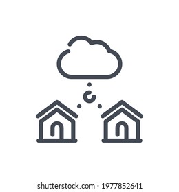 Cloud network and hosting with connection to houses line icon. Online connection from home to remote server and information vector outline sign.