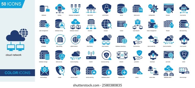 Cloud Network icon collection Glyph Color Style. database, hosting, database management, data center, data source, configuration, cloud server