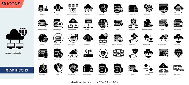 Cloud Network icon collection Glyph Style. database, hosting, database management, data center, data source, configuration, cloud server